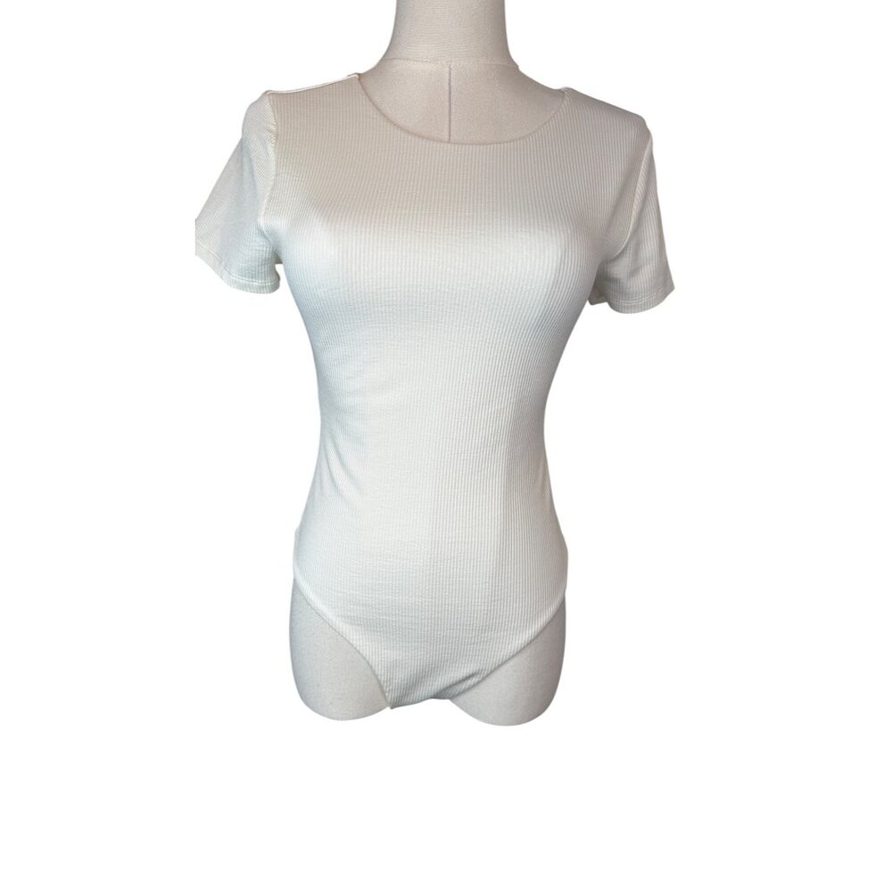 NWOT BP. Small White Ribbed Short-Sleeve Bodysuit Size S Nylon/Spandex Blend